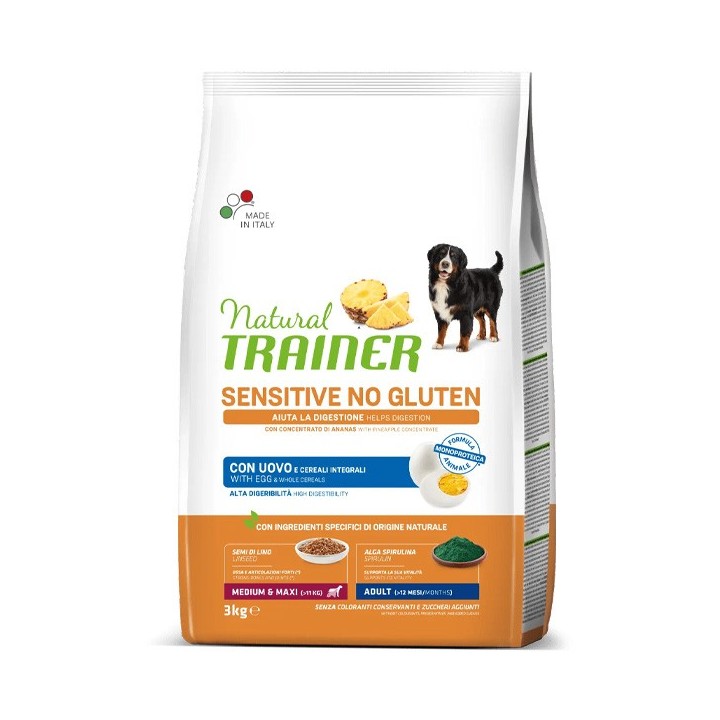 Trainer - Natural Sensitive No Gluten Medium & Maxi Adult con Uovo e Cereali Integrali 12 kg