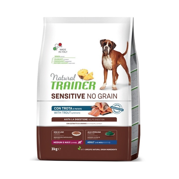 Trainer - Natural Sensitive No Grain Medium & Maxi Adult con Trota e Cereali Integrali 12 kg
