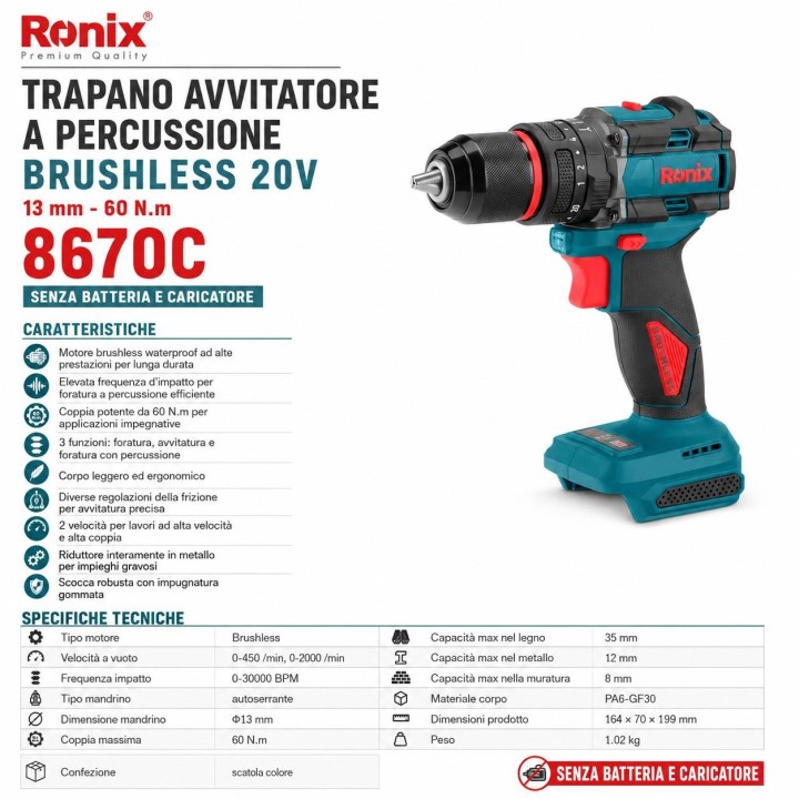 Trapano a percussione 20v brushless 13mm 60nm (no batteria)