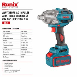 Avvitatore brushless 20v 3/4 di pollice 1000n.m. 2batt.4ah