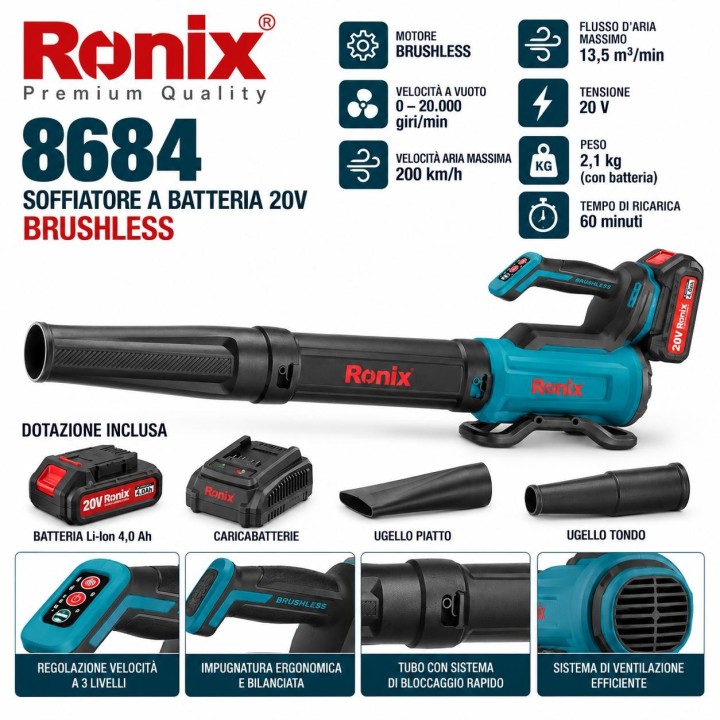 Soffiatore brushless 20v 3vel bat.4ah inclusa 10,1 m3/min