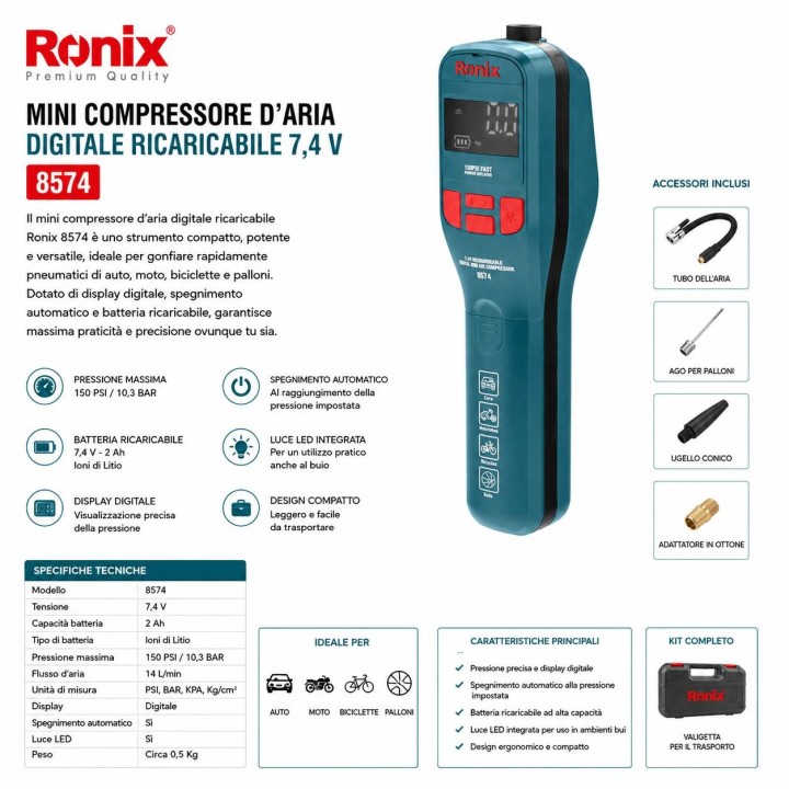 Mini compressore d'aria digitale ricaricabile da 7,4 v