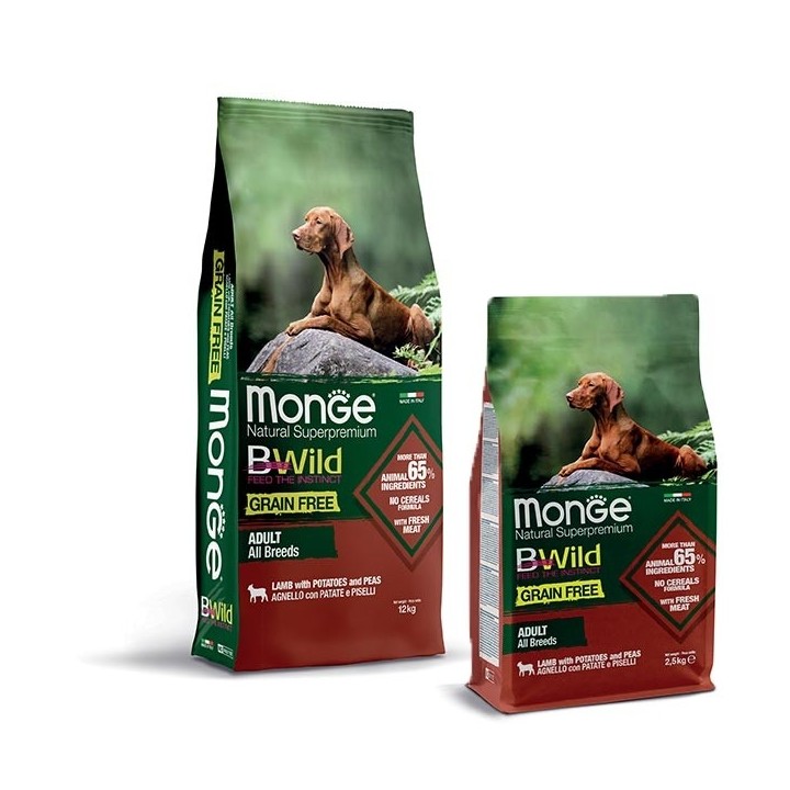 Monge - BWild Grain Free Adult All Breeds con Agnello, Patate e Piselli 2,5  kg