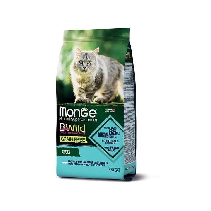 Monge - BWild Grain Free Adult con Merluzzo, Patate e Lenticchie 1,5  kg